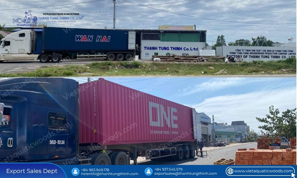 Container trucks parked outside Thanh Tung Thinh factory for exporting pet toys