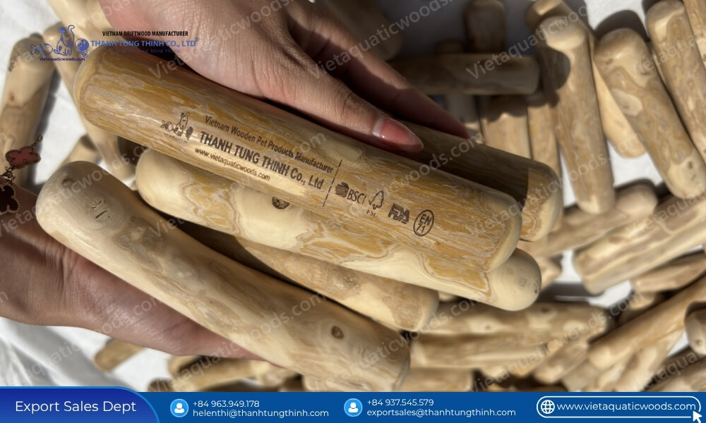eco friendly coffee wood dog chew private label with laser etched branding