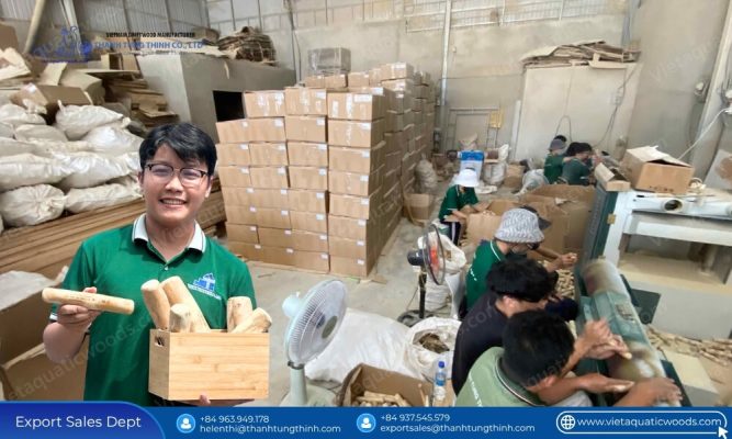 Quality control inspection of bulk extra large coffee wood dog chew inventory ready for export