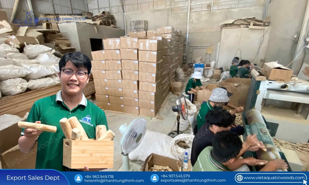 Quality control inspection of bulk extra large coffee wood dog chew inventory ready for export