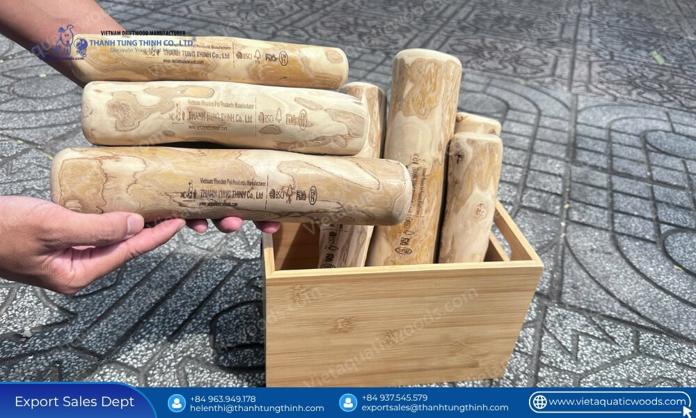 Premium natural extra large coffee wood dog chew samples showcasing certified branding