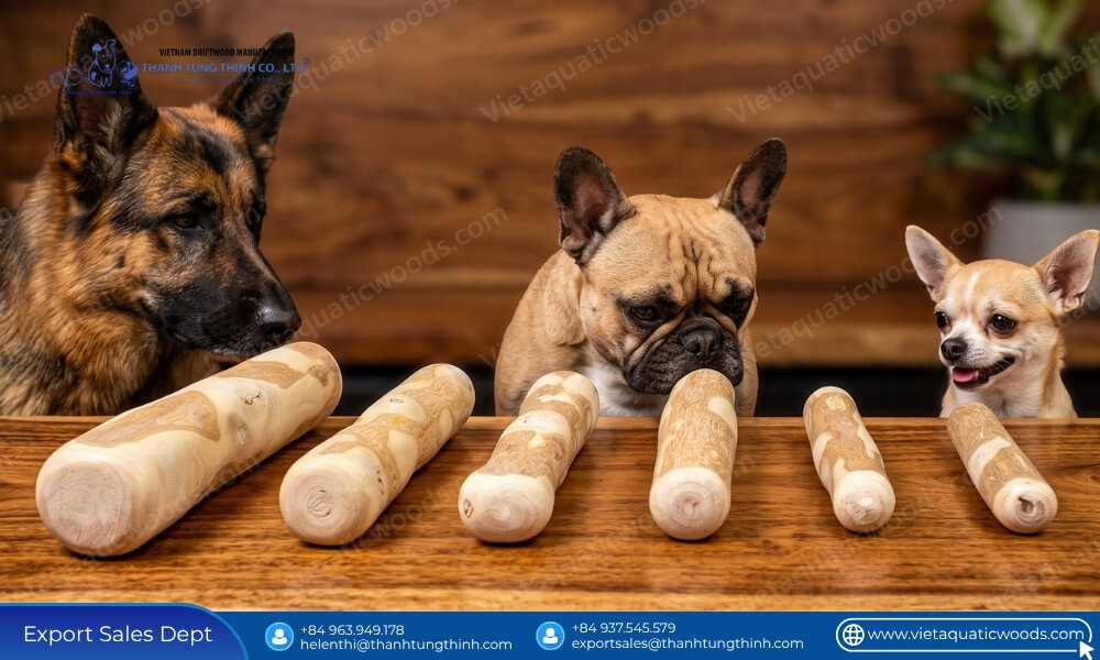 Different dog breeds safely interacting with various sizes of extra large coffee wood dog chew items