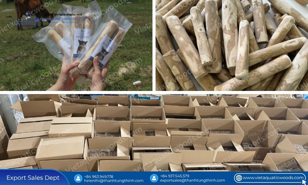 Vacuum packed dog treats and raw sticks from a bulk pet supplies coffee wood chew supplier