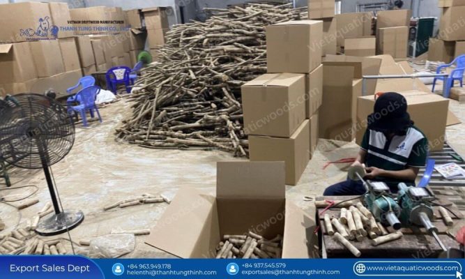 Factory processing floor and production line to source coffee wood dog chews from Vietnam