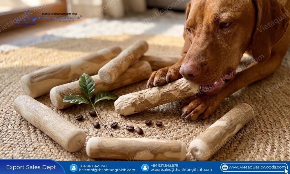 Dog enjoying splinter free chew toys when you source coffee wood dog chews from Vietnam