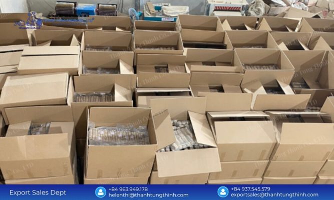 Heavy duty master corrugated boxes stacked with bulk custom packaging coffee wood dog chew orders inside the warehouse