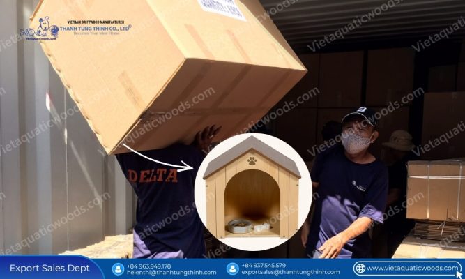 Expert container loading operations in international shipping logistics for bulk wooden dog houses