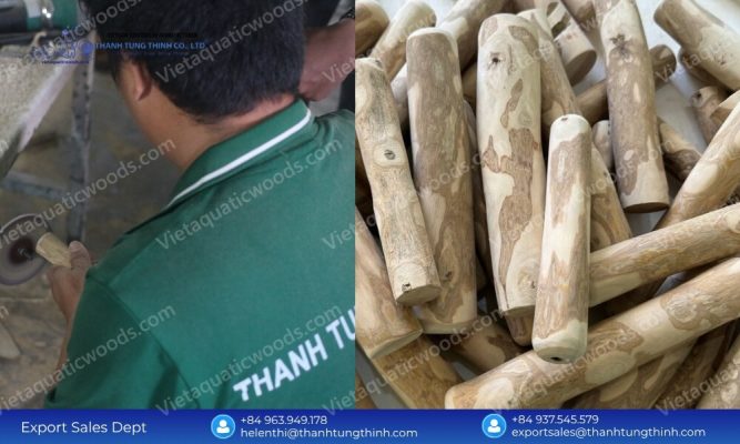 Factory worker processing raw materials at a premium coffee wood dog chew factory vietnam