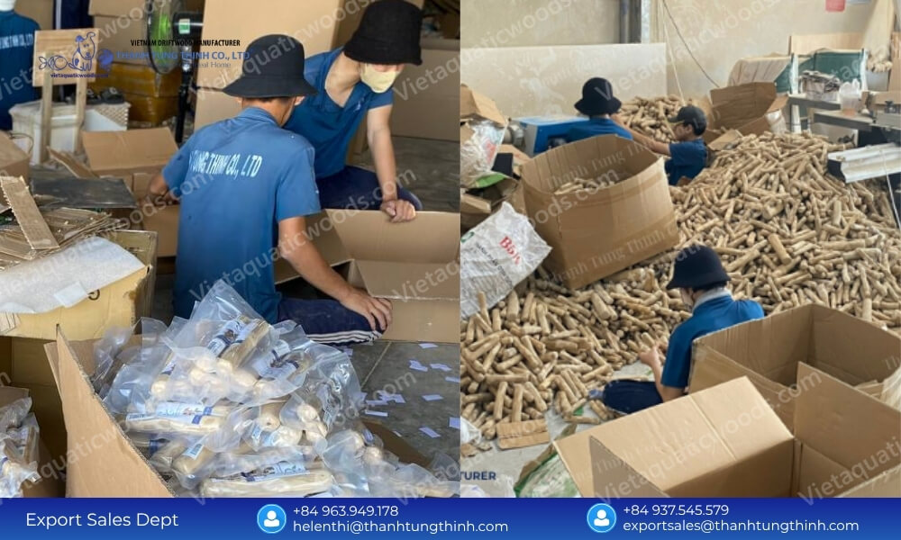 Workers packing pet treats inside the manufacturing workshop of a coffee wood dog chew factory vietnam