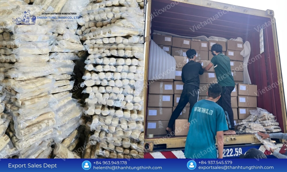 Stacks of vacuum packed products and container loading at a coffee wood dog chew factory vietnam