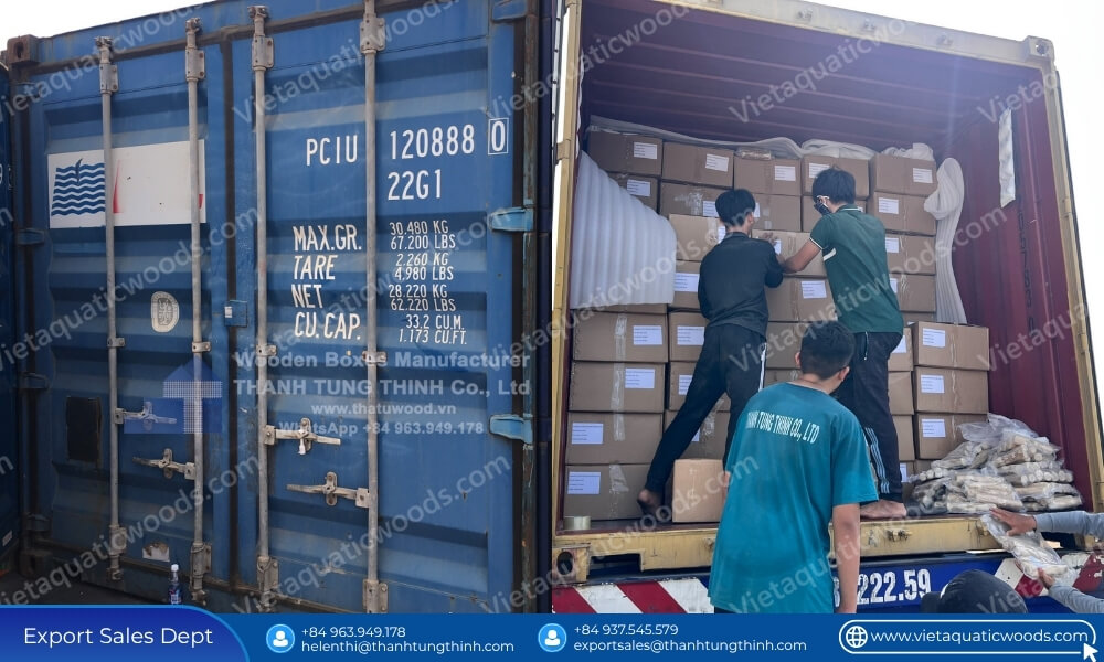 Master shipping container being stacked with export cartons by a coffee wood dog chew bulk container supplier