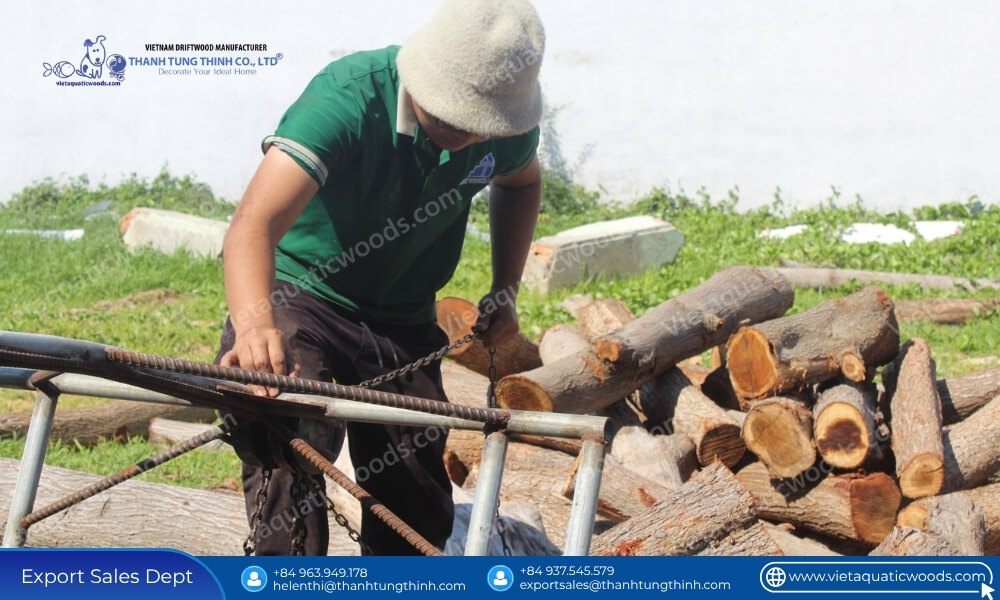 worker inspecting raw timber logs for bulk pet house orders moq tiered pricing