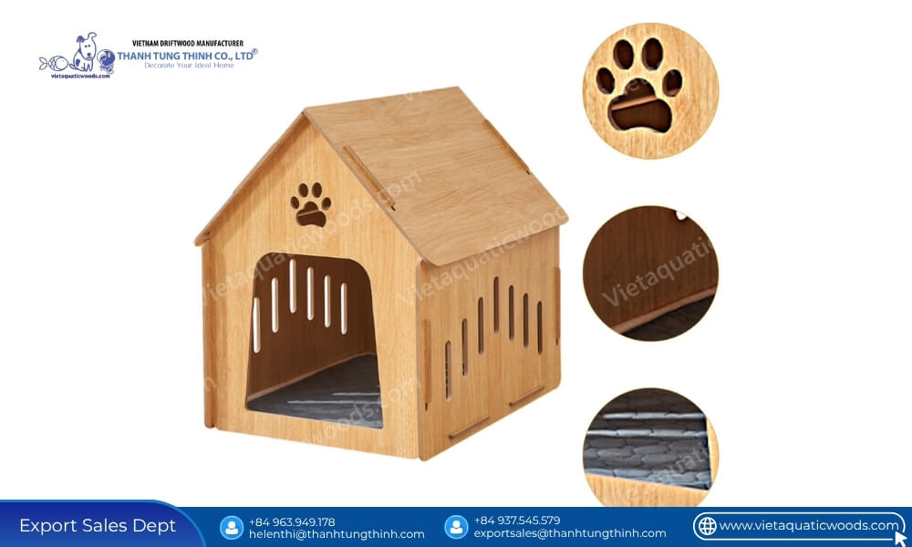 Anatomical features of a premium wooden pet shelter representing wholesale dog houses featuring non toxic pet safe finishes
