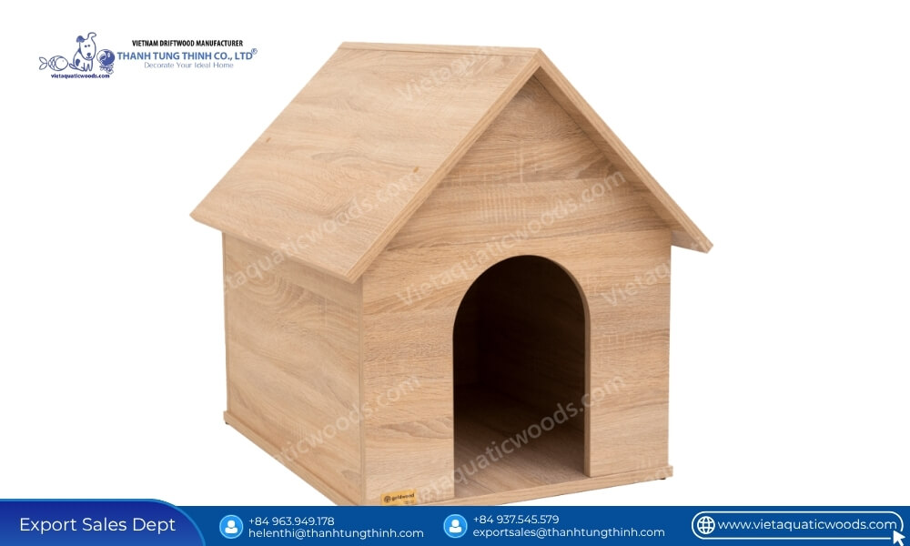 Classic arched entryway wooden pet shelter from our wholesale dog houses featuring non toxic pet safe finishes