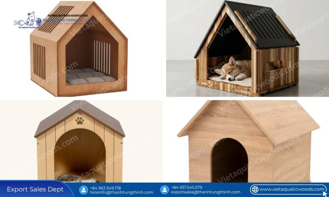 Various custom-designed OEM ODM wooden pet shelters showcasing wholesale dog houses featuring non toxic pet safe finishes