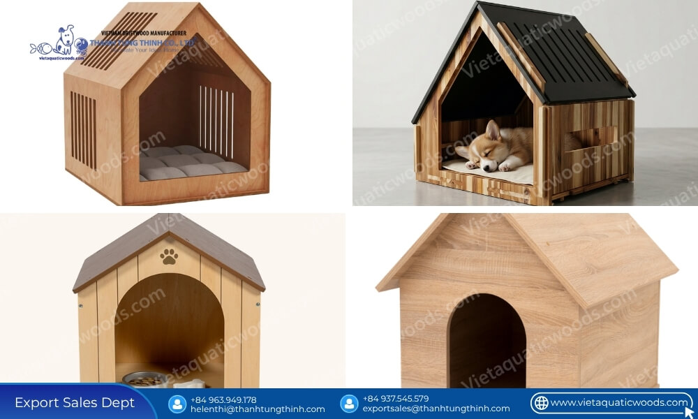Various custom-designed OEM ODM wooden pet shelters showcasing wholesale dog houses featuring non toxic pet safe finishes
