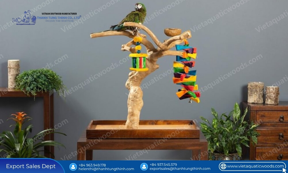 assembled avian play stand highlighting how coffee wood bird perches differ from ordinary wood durability