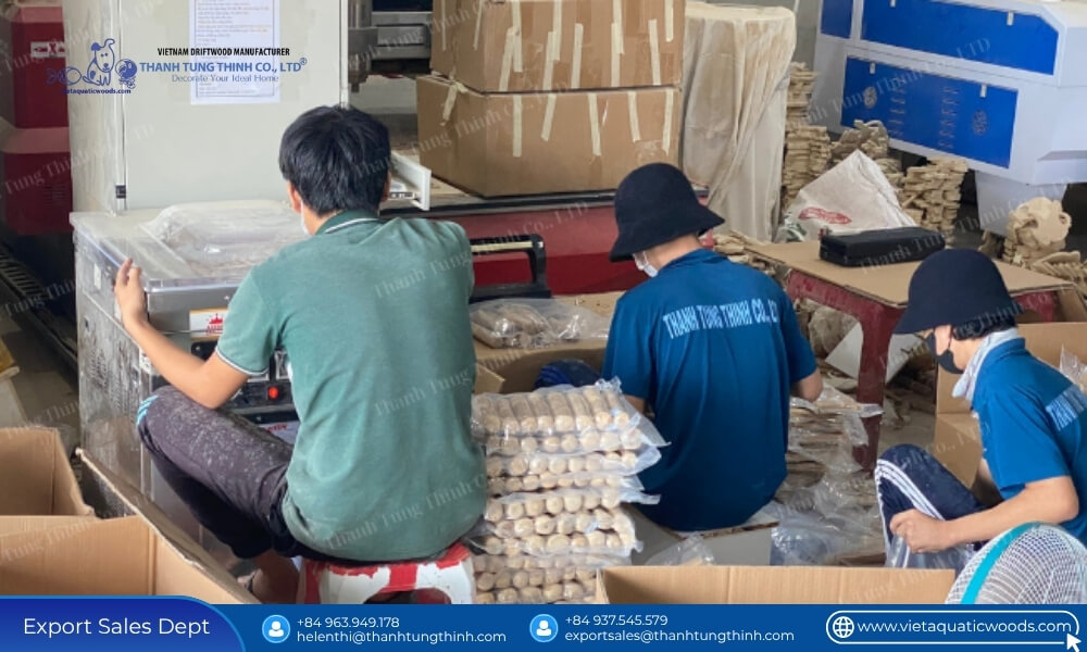 custom packaging and vacuum sealing line at a wholesale supplier of coffee wood chew in vietnam