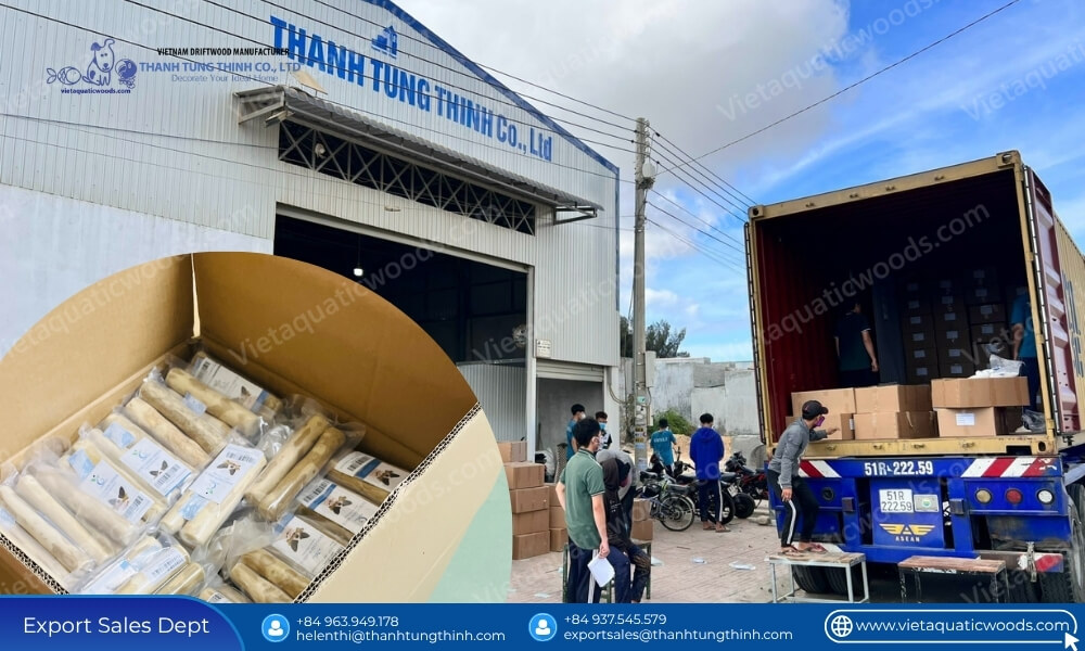container loading operations at a wholesale supplier of coffee wood chew in vietnam